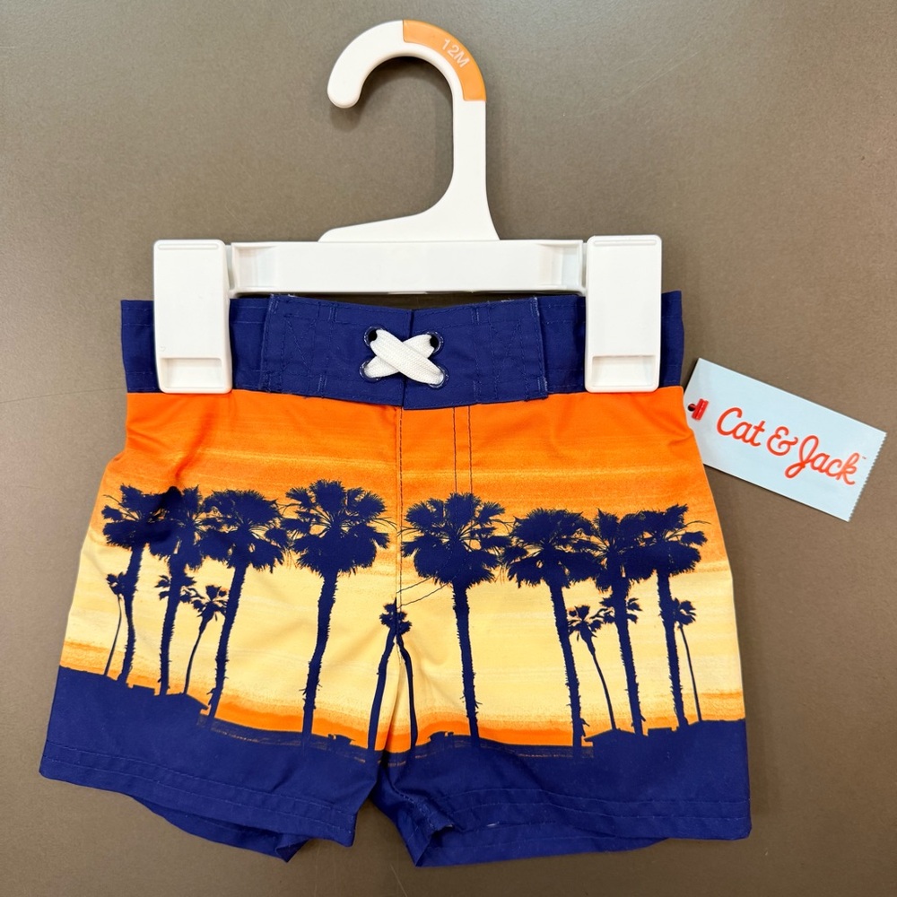 NWT Cat & Jack Kids' Orange and Blue Palm Tree Swim Shorts - Size 12m